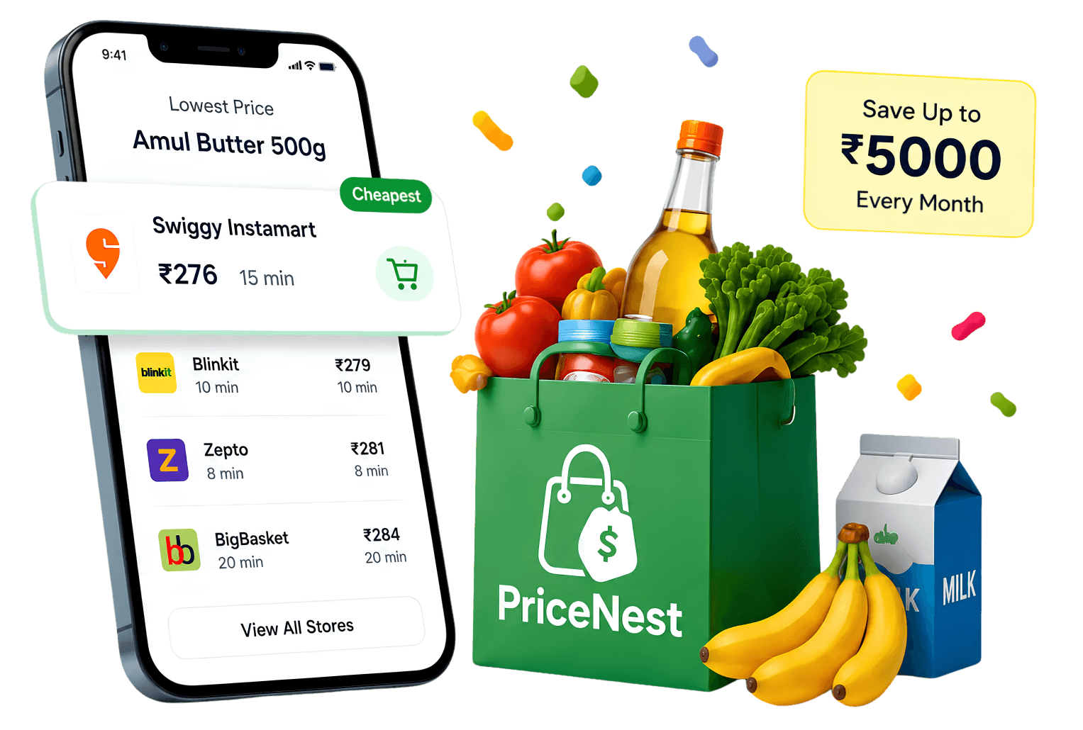 PriceNest app comparing grocery prices across Swiggy Instamart, Blinkit, Zepto and BigBasket