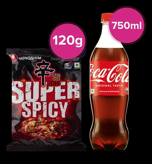 Nongshim Shin Red Super Spicy Noodles 120 gm & Coca-Coca Soft Drink Bottle 750 ml 1 Combo