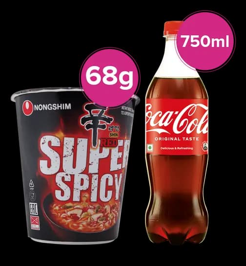 Nongshim Shin Cup Noodle Soup 68 gm & Coca-Coca Soft Drink Bottle 750 ml 1 Combo
