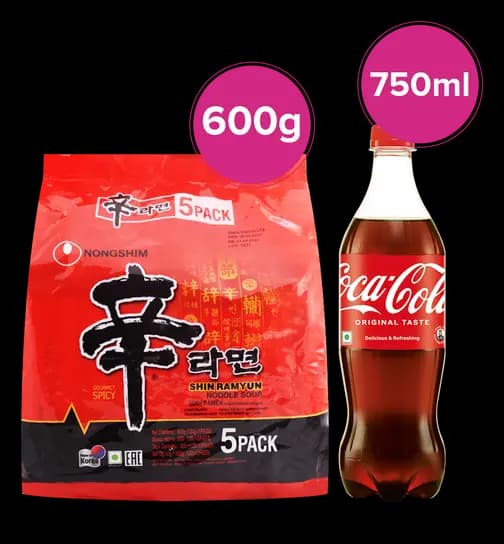 Nongshim Shin Ramyun Soup Noodles Soup 600 gm & Coca-Coca Soft Drink Bottle 750 ml 1 Combo