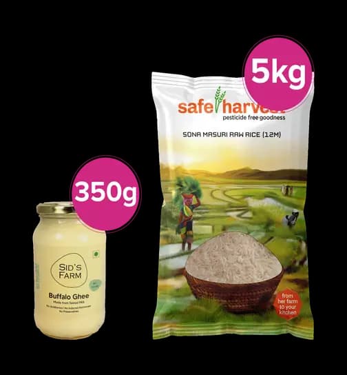 Safe Harvest Pesticide Free Sona Masoori Raw Rice 12 Months (5kg), and Sid's Farm Buffalo Ghee (350g) 1 Combo