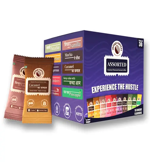 Impulse Coffees Set Of 30 Assorted Box | Flavoured Instant Coffee Sachets | Freeze Dried Arabica Coffee 45 g